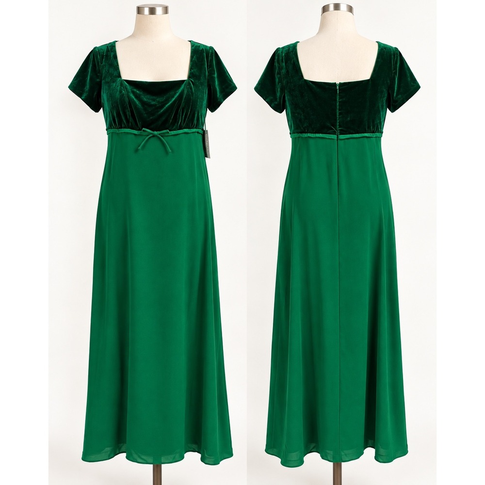 Von Bramlett Maxi Dress Size 10 Green Velvet Satin Empire Waist Vintage Goth NWT